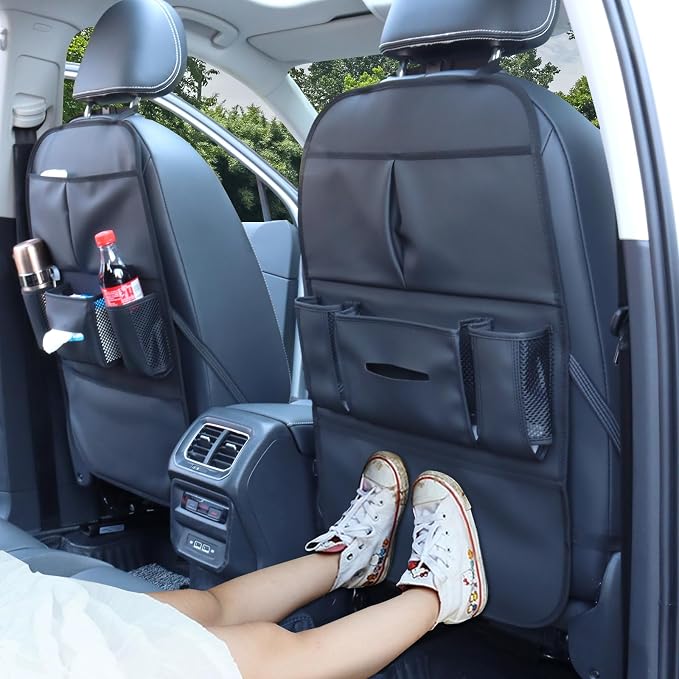 Car Backseat Organizer for Kids, Car Back Seat Storage Bag With 3 Pockets, 2 Drinks Holders, Water Resistant, Kids Toy Storage Kick Mat Back Seat Protector for Toddlers (Black 1-Pack)