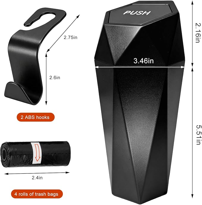 Car Trash Can with Lid, Waterproof Diamond Design Auto Cup Holder Trash Bin, Leakproof Mini Garbage Organizer for Vehicle Home Office Kitchen Bedroom, Car Accessories (Black)