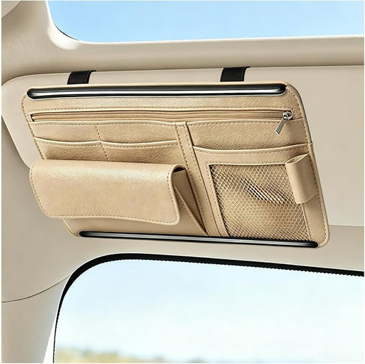 Car Sun Visor Organizer, Scratch-Resistant Auto Visor Glasses Storage Bag with Multi-Pocket Net Zipper, Waterproof Leather Sunshade Organizer Card Holder for Most Vehicles (Beige)