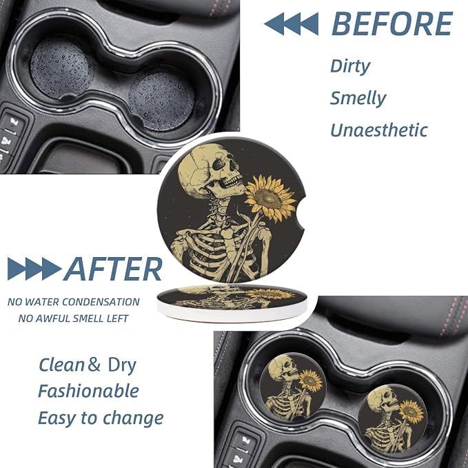 Cup Holder for Car,Skull Embracing A Sunflower Design Ceramic Coasters Non-Slip Cup Holder Insert with Fingertip Grip, Auto Interior Accessories for Women & Men,Pack of 2, 2.56In