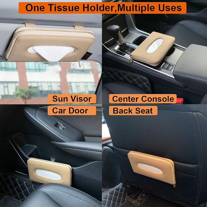 Car Tissue Holder, Sun Visor Napkin Holder, PU Leather Backseat Tissue Case with Zipper (Beige)
