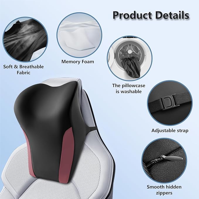 BABUR Car Headrest Pillow, Ergonomic Neck Support for Driving Seat 1 Pcs | Black Red,100% Memory Foam,Universal Fit,Softness,Adjustable Strap,Breathable Removable Cover,Car Rest Pillow for Pain Relief