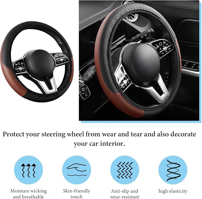 Car Steering Wheel Cover, 15 Inch Anti-Slip Stretch Leather Steering Wheel Protector, Comfortable Breathable Sporty Steering Wheel Cover for Women Men, Car Accessories (Black & Khaki, AD)
