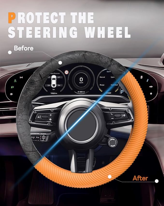 WOCOCN Car Steering Wheel Cover, Thin Anti-Skid Silicone Steering Wheel Cover for Men & Women, Universal Automotive Interior Accessories for Most Cars (Dark Orange)