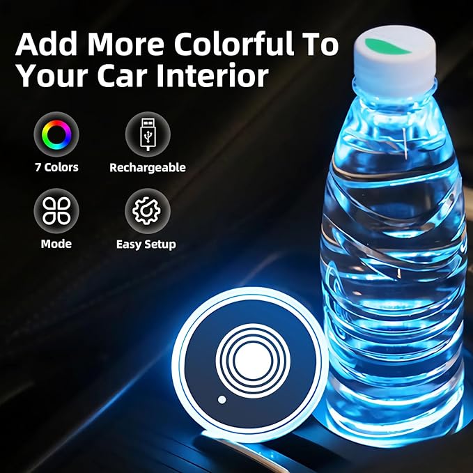 LED Car Cup Holder Lights, 7 Colors Changing USB Charging Mat Waterproof Cup Pad, LED Interior Atmosphere Lamp Decoration Light Inside Car Lighting Accessories (2pcs)
