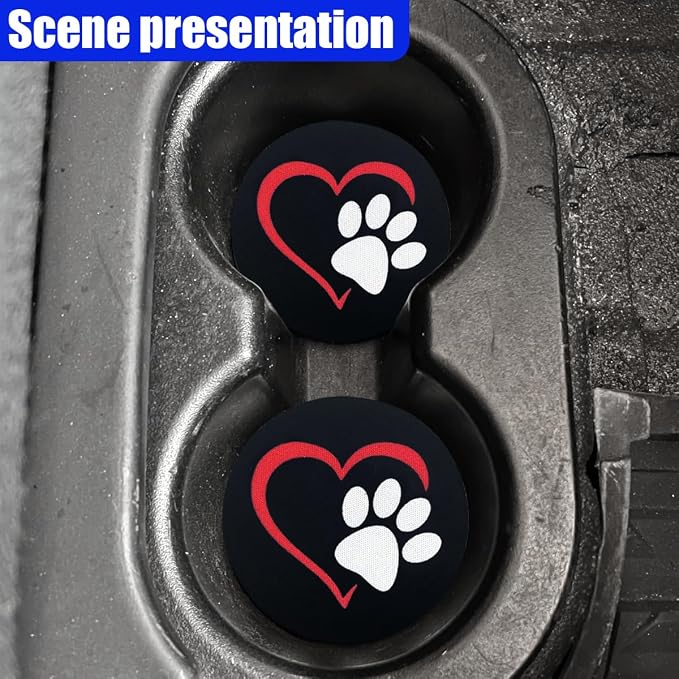 2PCS Dog Paw Heart Print Car Cup Holder Coasters, 2.73 Inch Anti-Slip Shockproof Automotive Drink Mat for Women and Men, Universal Vehicle Cup Holder Insert for RV, SUV, Truck (White&Red)