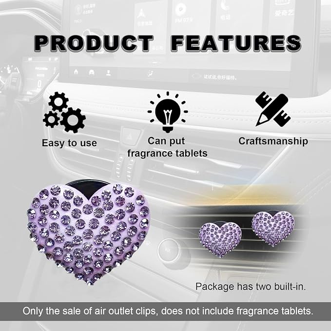 2Pcs Bling Crystal Heart Charms Car Air Vent Clips, Universal Car Interior Decoration Accessories (Purple)