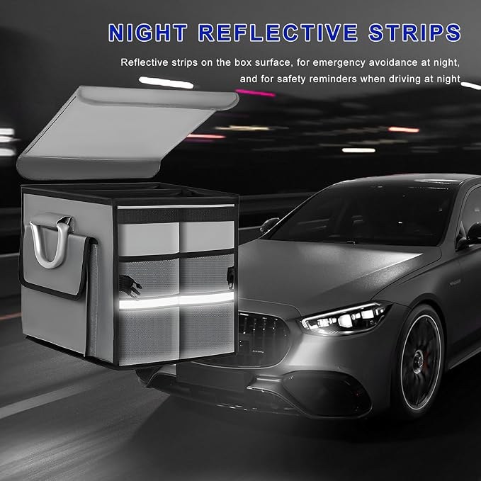 Car Trunk Organizer with Lid, 28L Collapsible Oxford Auto Storage Organizer with Reflective Strip & Handle, Multi-Purpose 2-Compartment Cargo Container for Cars SUVs Trucks (Gray)