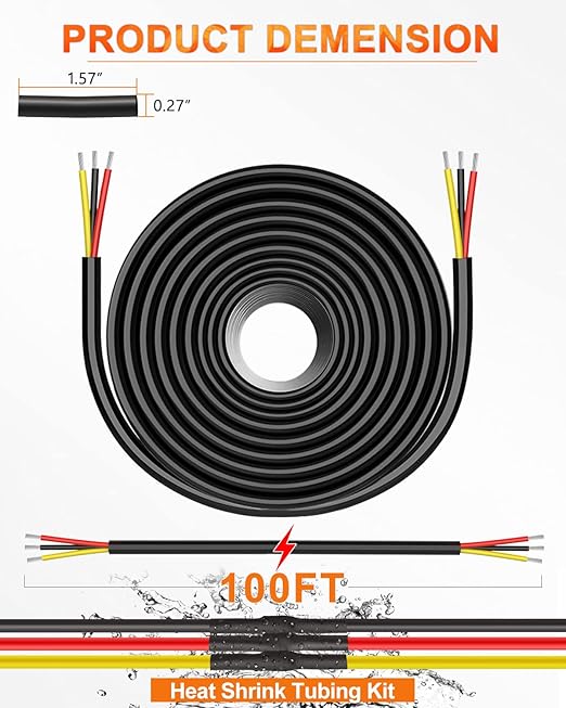 NAOEVO 12 Gauge Wire 3 Conductor Electrical Wire, 12 AWG Stranded PVC Cord, 12V Low Voltage/Tinned Copper/Flexible Cable for Automotive Wiring, Lamp Cord, Marine Cable (100FT)