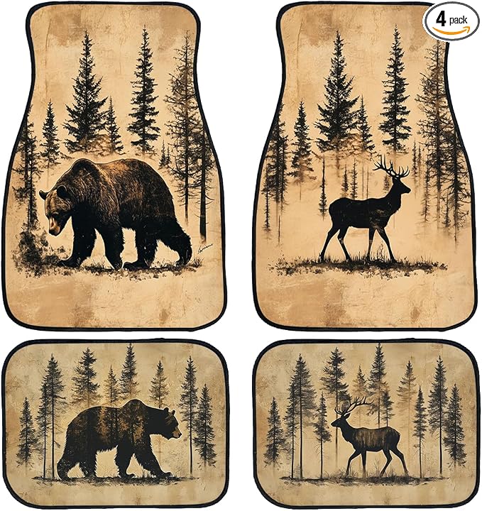 Vintage Deer Bear Car Floor Mats Retro Forest Lodge Rustic Carpet Front Rear Carpets Mat Decorative Car Floor Carpets Non-Slip Auto Car Accessories Universal Fit Car Accessories for Truck