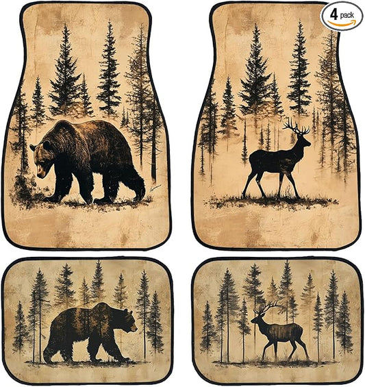 Vintage Deer Bear Car Floor Mats Retro Forest Lodge Rustic Carpet Front Rear Carpets Mat Decorative Car Floor Carpets Non-Slip Auto Car Accessories Universal Fit Car Accessories for Truck