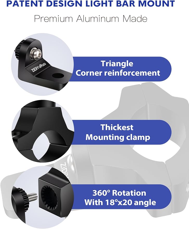 ZIDIYORUO ATV LED Light Bracket, 360 Swivel, for 0.75-1.5in Bars, 2-Pack | CNC 6061 aluminum, Fits 0.75-1.5in motorcycle & ATV bars, 360 rotation for fog, driving, cube LED lights, 10min-installation.