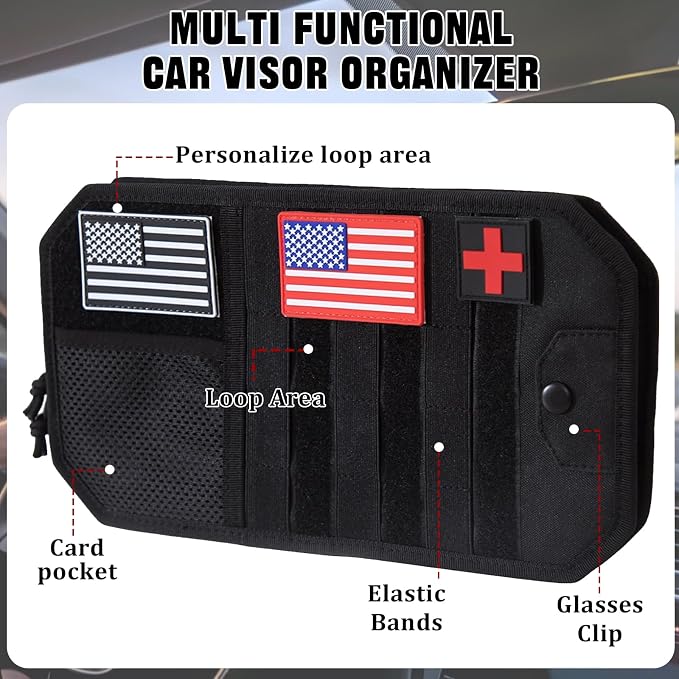 Car Visor Organizer with 3pcs Patches, Multi-Pocket Sun Visor Organizer | Zipper Storage Pouch & Adjustable Straps, Semi-Rigid Panel Storage Accessories for Truck, Suv, Most Cars (Black)