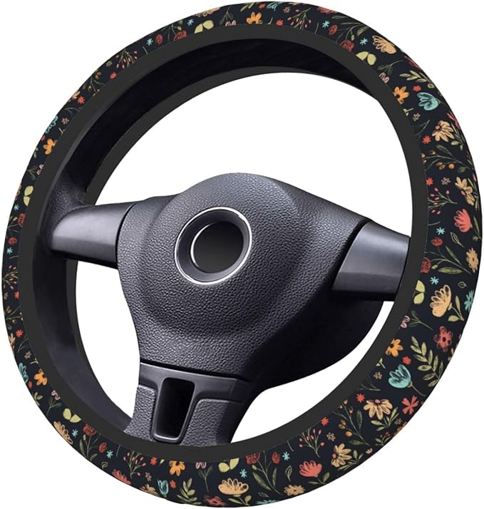 Watercolor Cute Floral Elastic Steering Wheel Cover Non-Slip Breathable Steering Wheel Protector Fit Auto, SUVs, Truck