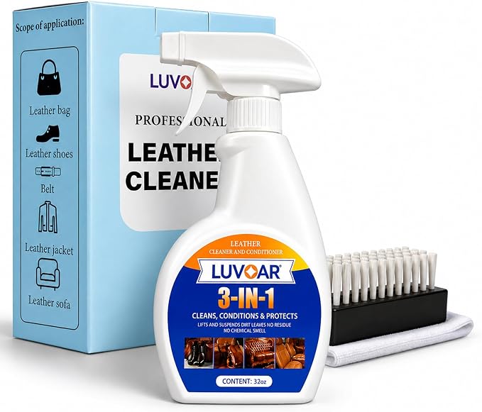 Leather Cleaner and Conditioner 3-in-1 Spray, Use on Leather Furniture, Car Seats, Shoes, Bags, Jackets and Leather Bags with Microfiber Brush & Microfiber Cloth(32 oz Spray Bottle)