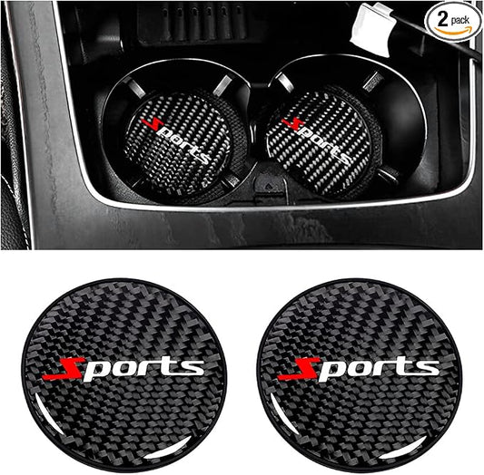 BESULEN Car Cup Holder Coaster, 2 PCS Carbon Fiber Non-Slip Embedded Coasters, Universal 2.75 Inch Cup Holder Insert Coaster Pad, Sports Racing Durable Drink Mat, Car Interior Accessories