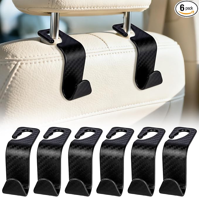 BFXM 6 Pack Car Seat Headrest Hooks, Car Accessories for Women Men, Back Seat Purse Hanger Holder Hook, Universal Storage Organizer for Handbag Grocery Bags Coats (Black Checkered)