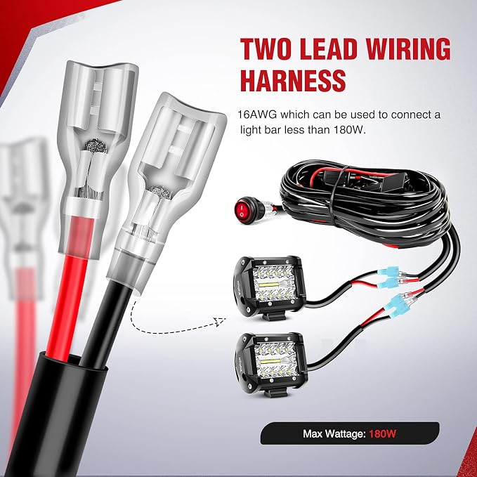 Nilight LED Light Bar 15 FT Wiring Harness Kit - 2 Leads 16AWG 12V On Off Switch Power Relay Blade Fuse for Off Road Lights LED Work Light, 2 Years Warranty Black