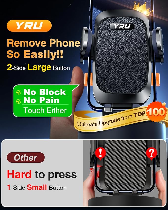 YRU True Military-Grade [360° Rotation Suction] 2026 Ultimate Car Phone Holder Mount【90+LBS Safest Strongest & Patent Certs】 Dash Windshield for iPhone 17 16 Pro Max Speakerphones, Matt Black
