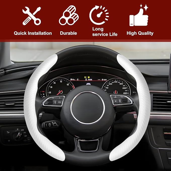 Universal Fit Carbon Fiber Steering Wheel Cover, Segmented Steering Wheel Protector, Carbon Fiber Anti-Skid Steering Wheel Cover Car Interior Accessories (2 Pcs White)