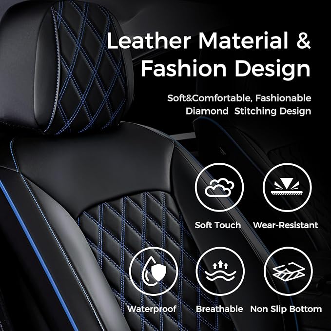 Huidasource Seat Covers Full Set, Seat Covers Nappa Leather Universal Fit for Most Cars, Vans, Trucks, SUVs, Compatible with Airbags, Blue Car Seat Covers Velcro Adjustable (Full Set/Black&Blue)