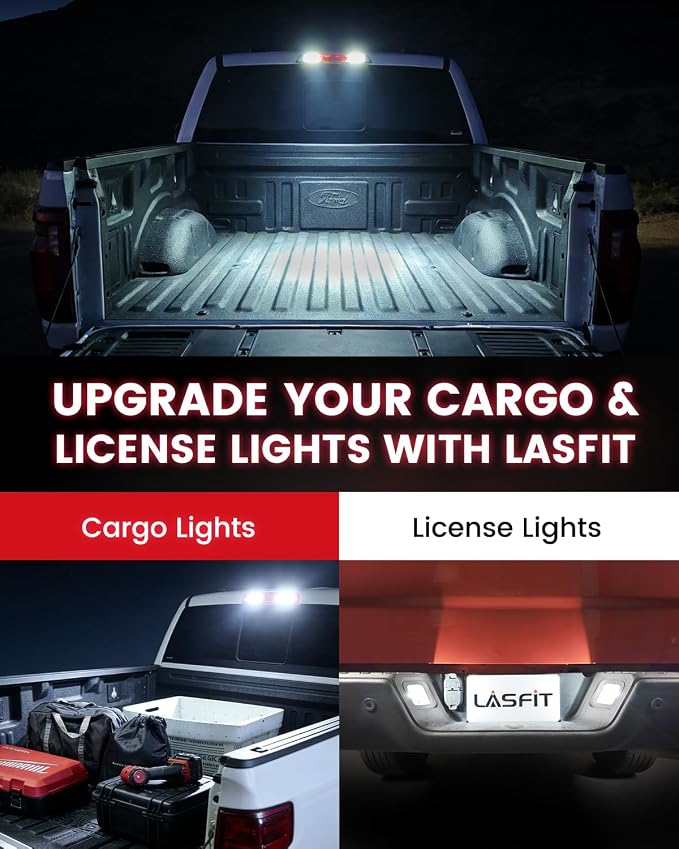 LASFIT for Ford F-150 Cargo Light and License Plate Light 194 168 2825/921 912 W5W LED Bulbs for 2018-2023, Canbus White Combo Kit, 6000K, Non-Polarity, Pack of 4