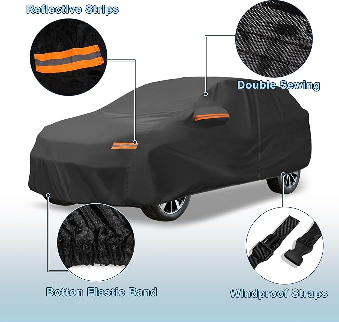 Black Heavy Duty Waterproof Car Cover for SUV 182"-190" - All-Weather UV Protected Outdoor Full Exterior Cover with Sun/Snow/Rain Resistance