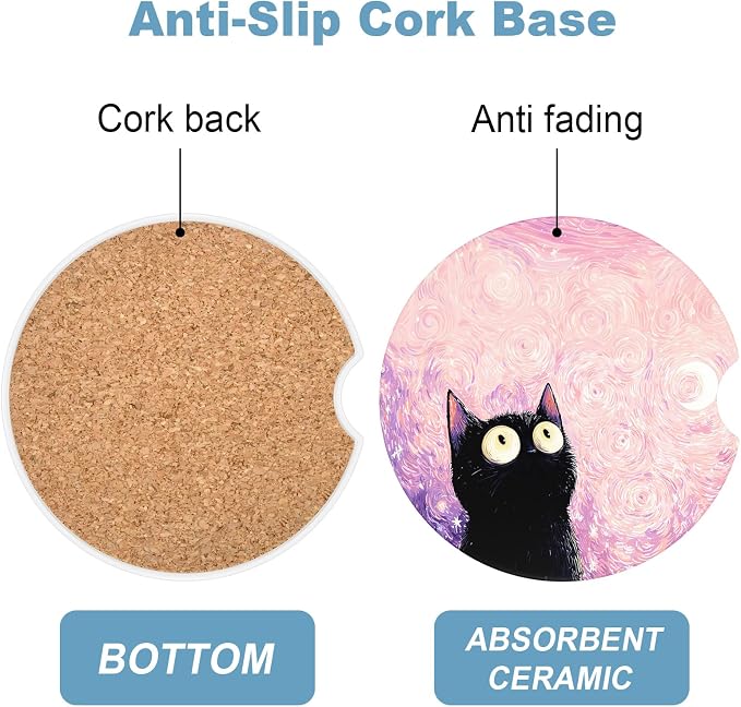 2 Pack Car Cup Holder Coaster, 2.63 inch Anti Slip Insert Absorbent Ceramic Car Coaster with Cork Base and Finger Notch, Cute Car Accessories Interior for Women, Cute Car Coasters.