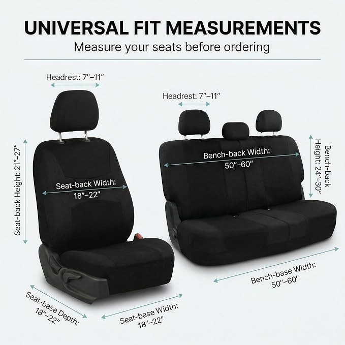 FH Group Universal Car Seat Covers Full Set for SUV Truck Sedan Vans | All-Purpose Cloth Seat Cover Set Airbag Compatible Washable Split Bench Protector Interior Upgrade - Black