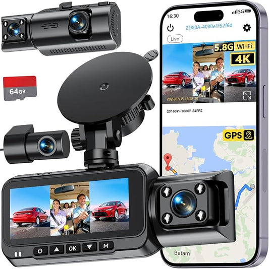 3-Channel Dash Cam 4K for Car: Front, Rear & Inside Dash Camera with 5.8G WiFi & GPS - 24H Parking Mode, 64GB Card for Rideshare Driver