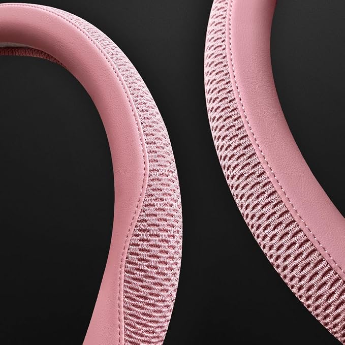 LKWLIKEI Car Steering Wheel Cover, Universal 15 inch, The Latest Microfiber Leather Breathable Technology Fabric, Non-Slip, Comfortable, Warm in Winter and Cool in Summer,Pink