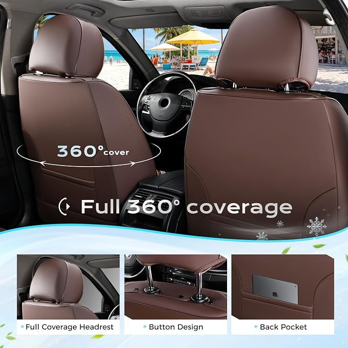 Coverado Car Seat Covers Full Set, 5 Seats Car Seat Protector, Universal Breathable Car Seat Covers Front Seats Back Seats, Car Seat Cushion Fit for Most Vehicles Brown