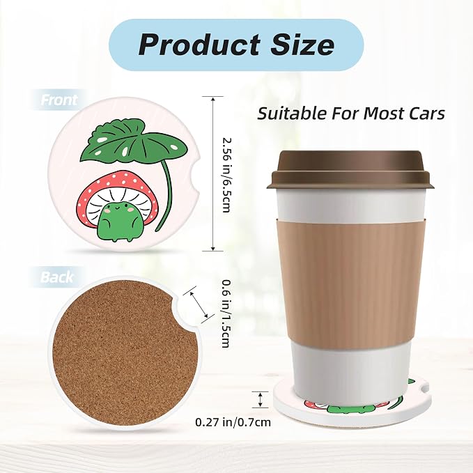Cartoon Mushroom Frog Car Coasters for Cup Holders,2 Pack Car Cup Holder Coasters for Car,Ceramic Absorbent Car Coaster with A Finger Notch and Cork Base,Car Interior Accessories for Women Men