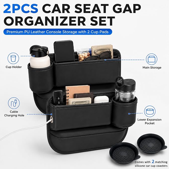 2 Pack Car Seat Gap Filler with Cup Holder – Anti-Drop Design | Universal PU Leather Seat Gap Organizer, Storage Box with Pockets & Cup Holders – Fits Most Vehicles