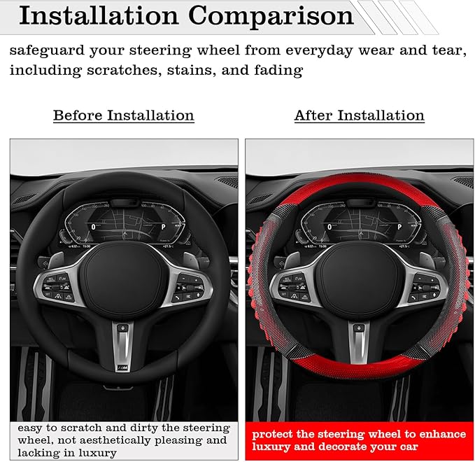 5D Honeycomb Black Red Car Steering Wheel Cover,14.5-15 Inch Universal Carbon Fibre Leather Covers Breathable Anti-Slip Odorless Steering Wheels Accessories for Men Women