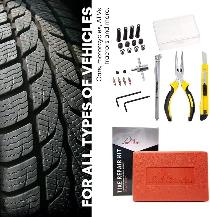 Boulder Tools Tire Repair Kit - Professional Heavy Duty Tire Plug Kit, Tubeless Tire Repair Kit for Flat Tire & Puncture Repair on Cars, Trucks, SUVs, ATVs, UTVs, RVs & Motorcycles
