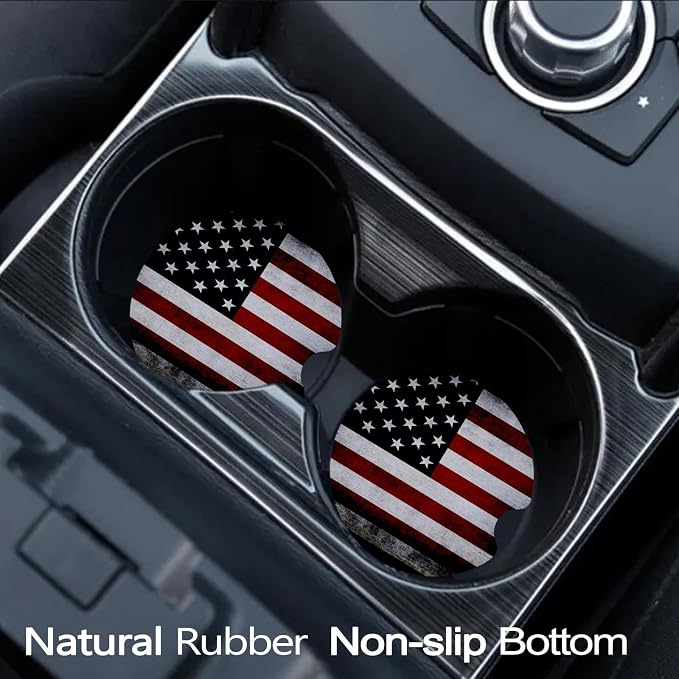 Car Coasters for Cup Holders - Black American Flag | 2 Pack Anti Slip Universal Rubber Car Cup Coaster for Women Men, Car Interior Accessories