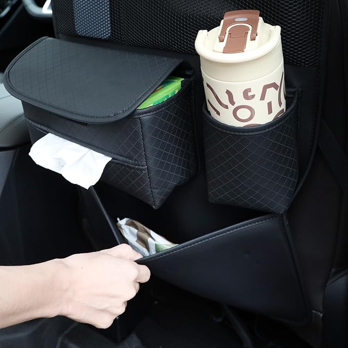 Multifunctional Car Seat Back Organizer with Large Tissue Box Holder, Large Water Bottle Storage, Phone Pouch, Kick Mat Protectors for Road Trips. (Black)