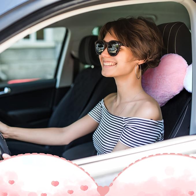 Macarrie 2 Pcs Plush Heart Shaped Pillow with Angel Wings Car Headrest Soft Comfortable Seat Pillow for Driving Travelling Room Office Car Decor, 19.7 x 8.3 Inch(White, Pink)