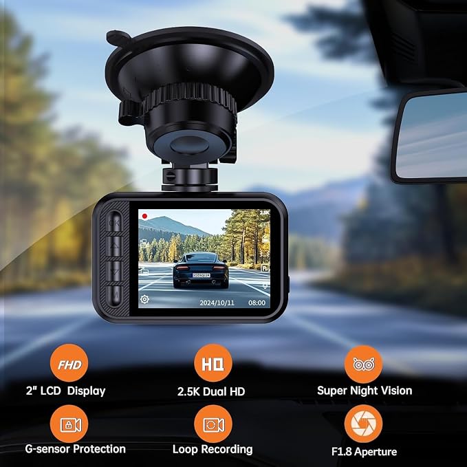 Dash Cam Front and Rear for Cars, 2.5K+1080P Dual Camera with 2" Screen | WDR Night Vision, 170° Lens, G-Sensor, Loop Recording, 360° Mount, Mini Design, 256GB Max, 24H Parking, SD Card Not Included