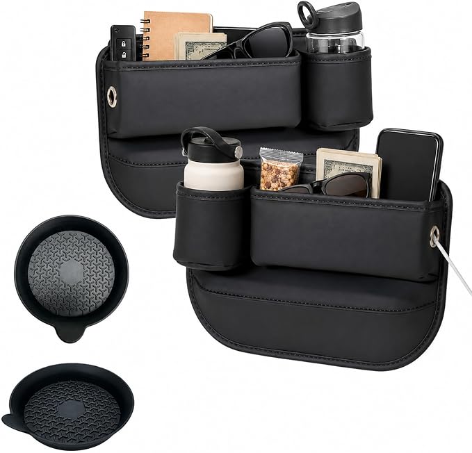 2 Pack Car Seat Gap Filler with Cup Holder – Anti-Drop Design | Universal PU Leather Seat Gap Organizer, Storage Box with Pockets & Cup Holders – Fits Most Vehicles