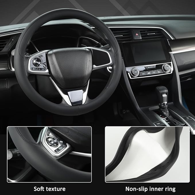 West Llama Thin Slim Car Steering Wheel Cover, Universal 14.5-15 inch Nappa Leather Steering Wheel Cover, Ultra Thin, Anti-Slip, Breathable(Black-Standard Size)