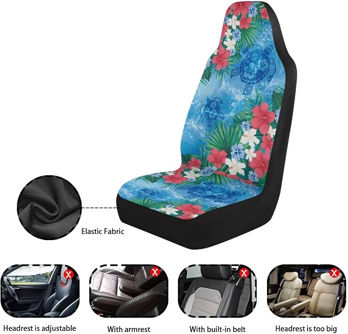 Sea Turtle Car Front Seat Covers Set of 2 Breathable Seat Cover for Front Seats Anti-Slip Hawaiian Removable Automotive Accessories Universal Fits Most Cars,SUVs,Sedans
