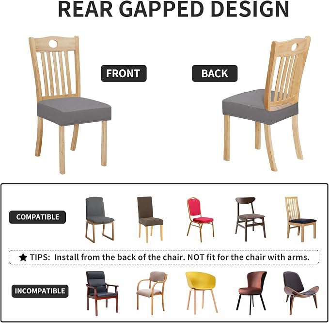 Easy-Going 100% Waterproof Seat Covers for Dining Room Chairs Set of 6, Stretch Chair Seat Slipcovers Protector Removable and Washable Kitchen Dining Chair Covers, Light Gray