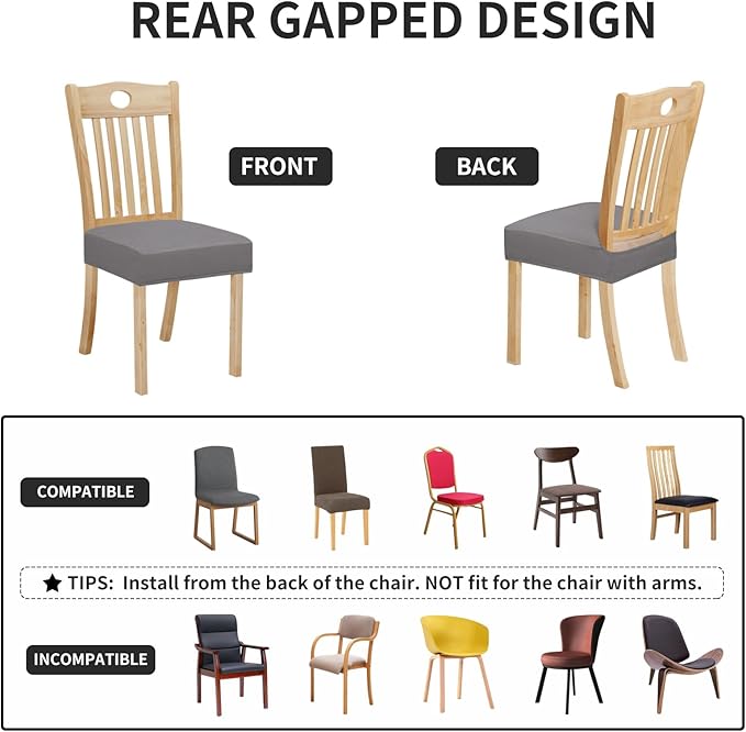 Easy-Going 100% Waterproof Seat Covers for Dining Room Chairs Set of 2, Stretch Chair Seat Slipcovers Protector Removable and Washable Kitchen Dining Chair Covers, Light Gray