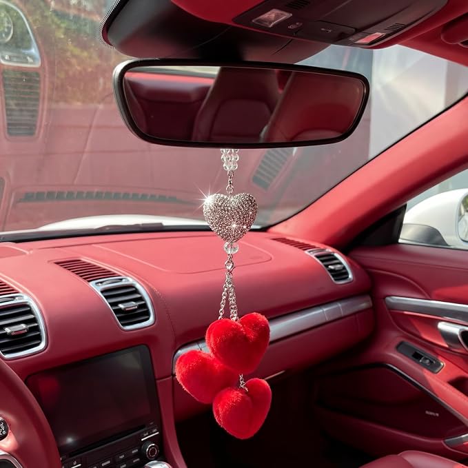 Frienda Red Car Rear View Mirror Accessories for Women Bling Heart Shaped Rhinestone Hanging Charm Sparkly Rear Mirror Ornament Pendant Gift for Girlfriend Wife Female Drivers Car Interior Decoration