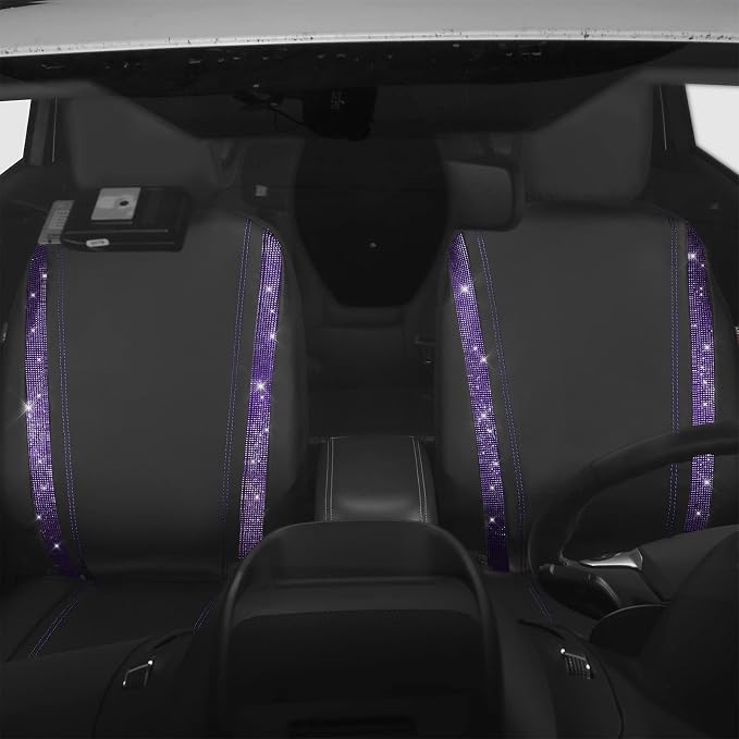 CAR PASS Leather Diamond Bling Car Seat Cover 2 Front Interior Sets, Waterproof Universal Shining Glitter Crystal Sparkle Fit for 95% Automotive Truck SUV Cute Women Girl, Black Purple Rhinestone