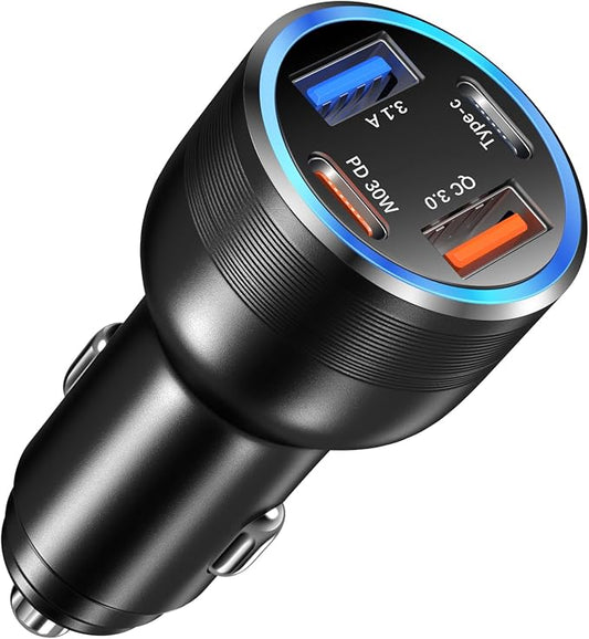 65W USB C Car Charger, 4 Port Fast Cigarette Lighter USB Charger Adapter | QC/PD 30W Car Phone Charger, Dual 12V USB Car Outlet Adapter Plug for iPhone 16 15 14 13 iPad Pro,Samung(Black)