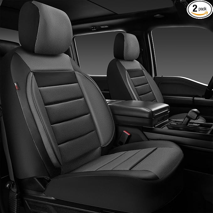 CAR PASS Car Seat Covers Front Seats Only, Universal Fit Automotive Interior Waterproof 3D Foam Back Support Car Seat Covers for Trucks Vans and SUVs Airbag compatible 2 Pieces black gray grey