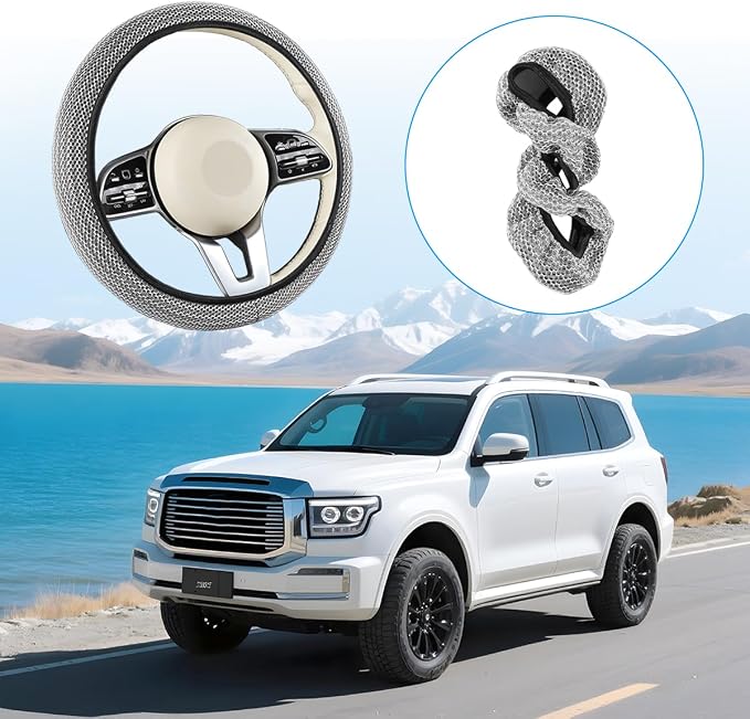 Elastic Stretch Car Steering Wheel Cover, Soft Breathable Ice Silk Steering Wheel Protector, Anti-Slip Automotive Interior Accessories, Universal for Sedan, Truck, Van (Silver Tone)